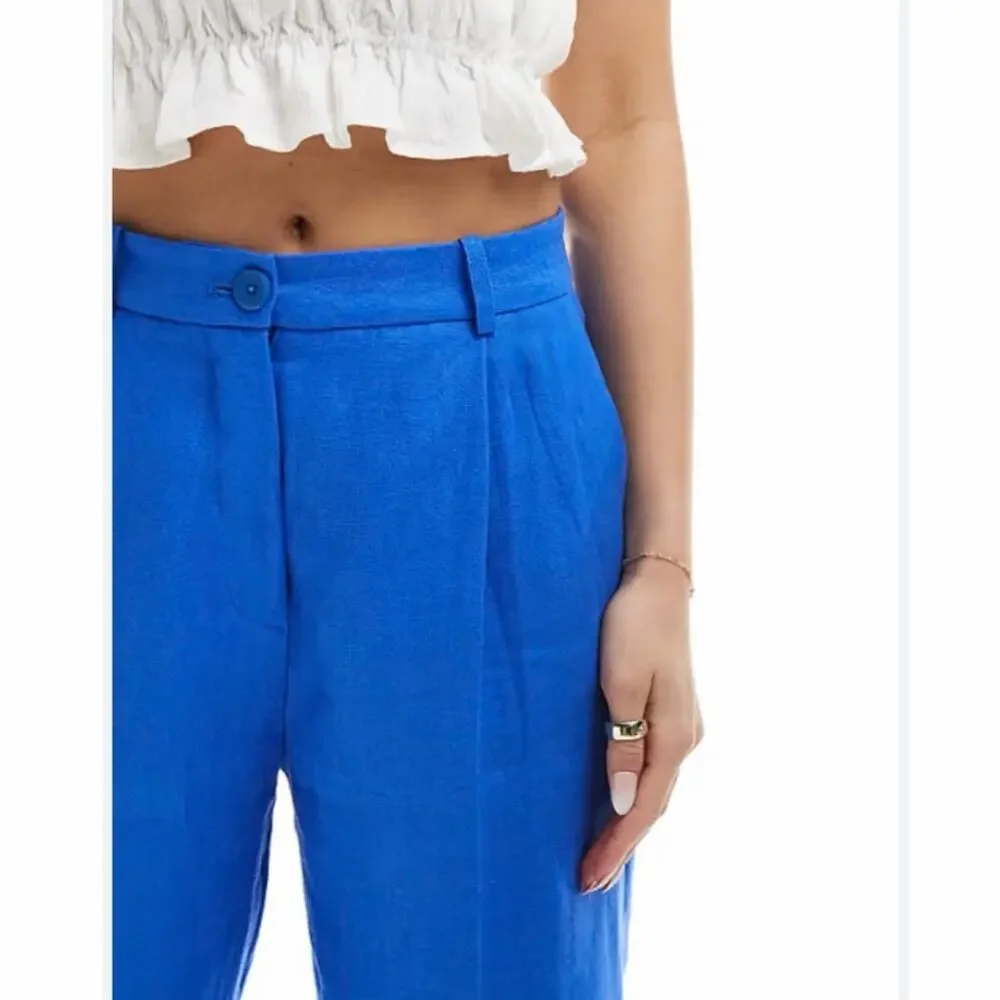 Mango 100% Linen Blue Elastic Back Slim Crop Pants Women US 4 EU 36
